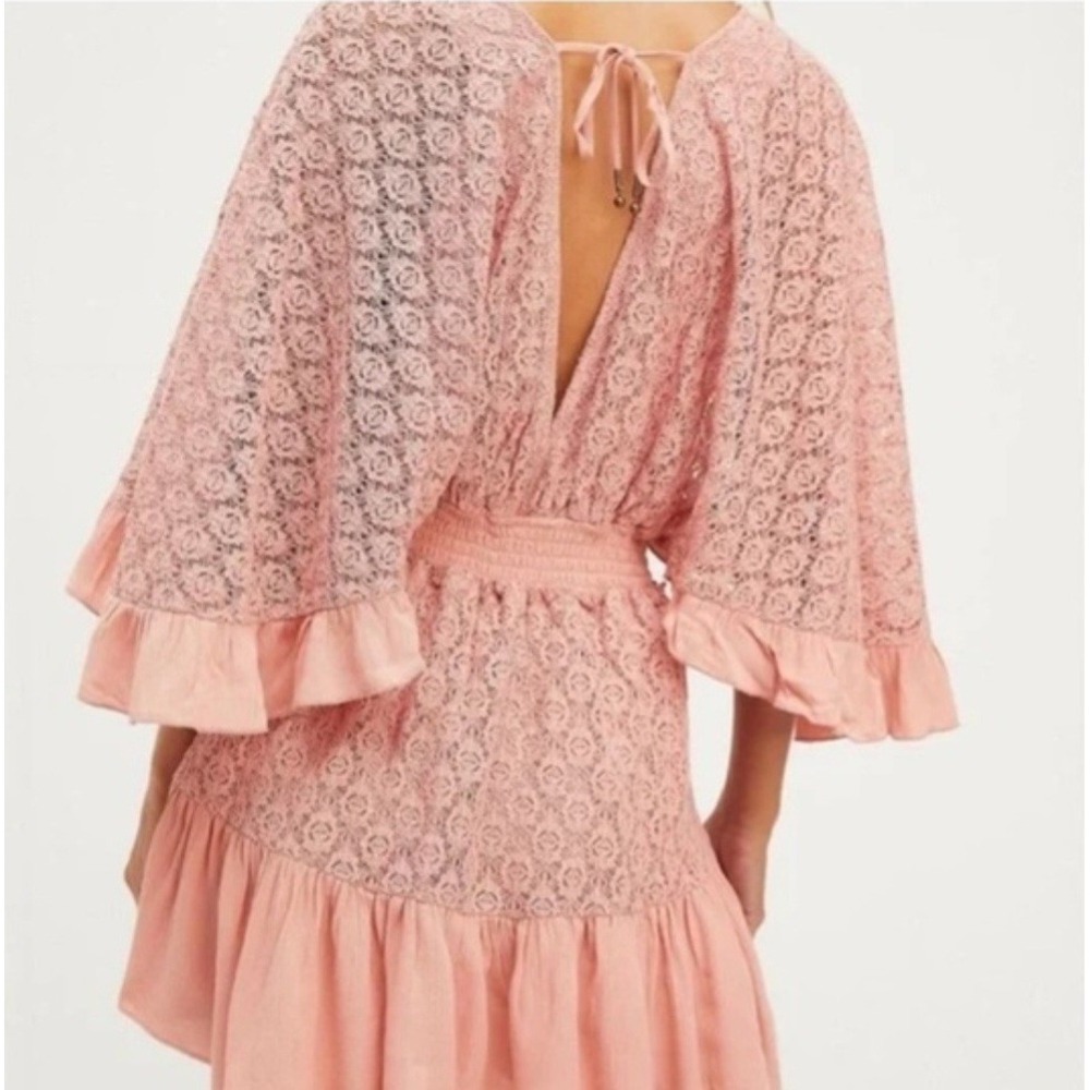 Free People Lace Bell Sleeve Romper Pink Boho V-Neck Open Back Large - Picture 2 of 14